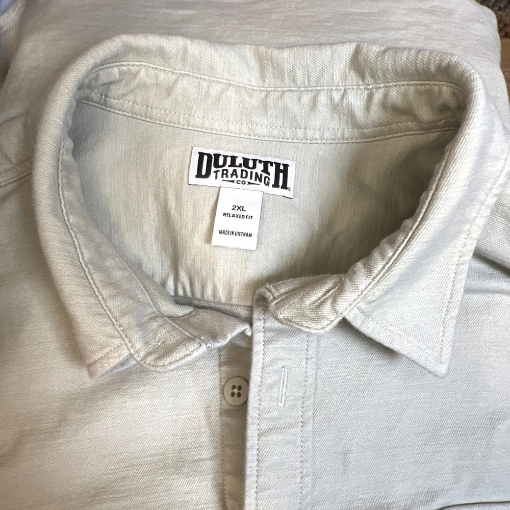 Duluth Trading Officers Slub Sateen Shirt Jac Mens 2XL Khaki Gray Work Layer - Picture 4 of 13